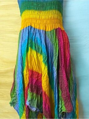 Vintage Colorful Asymmetrical Boho Dress — Multi-Color Crinkle Design One Size